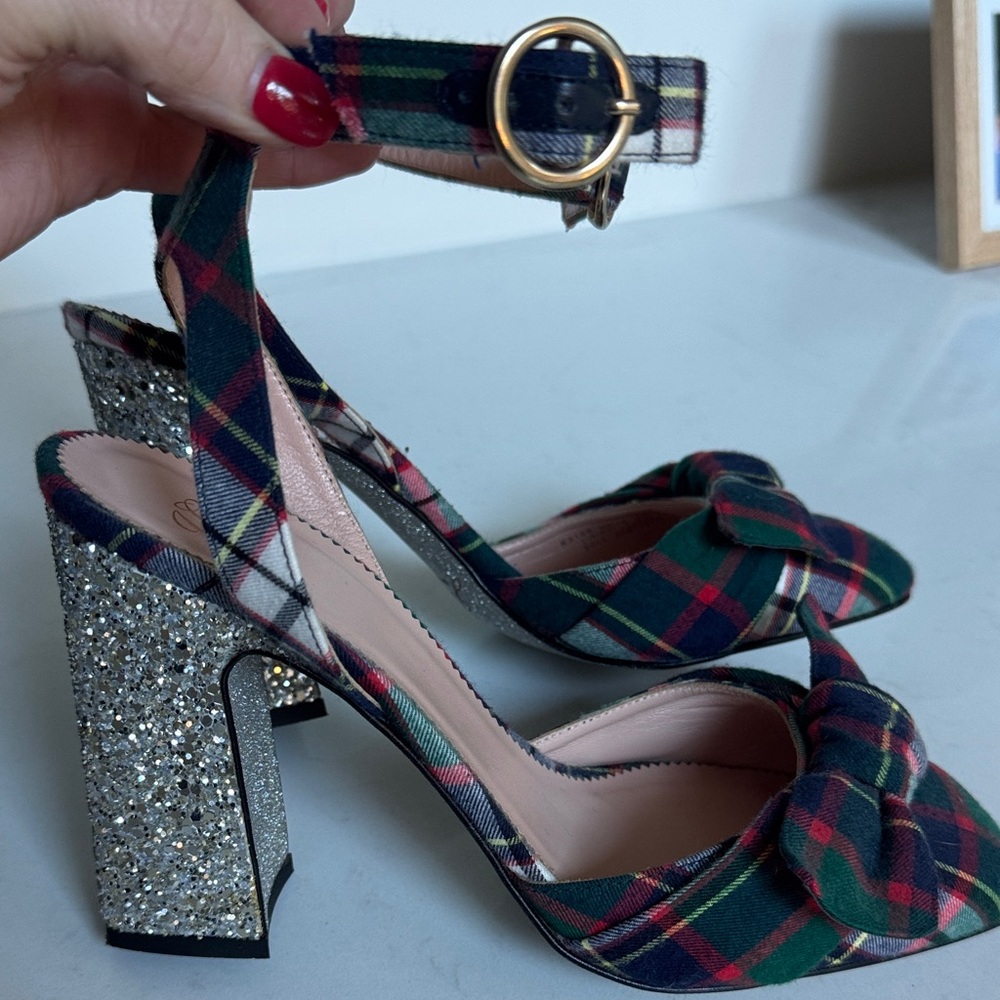 J. Crew Plaid Bow Heels, silver Glitter heel, size 8, 4”heel - Picture 10 of 10